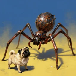 The spider plays with a pug, highly detailed, digital painting, artstation, concept art, smooth, detailed rusty armor, sharp focus, dystopian, cinematic, videogame cover art, illustration, fantasy, blue and yellow color theme, art by Artgerm and Greg Rutkowski and Alphonse Mucha