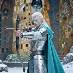 half length portrait of a handsome male snow elf in a turquoise cape and silver armour as an archer, albino skin, winter vibes, elegant, very coherent symmetrical artwork, atmospheric lighting, rule of thirds, royo, klimt, miro, vallejo, frazetta, alphonse mucha, greg rutkowski, sharp focus, trending on artstation