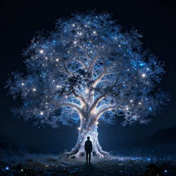 aa glistening tree of dreams with shimmering light and internal glow, beautiful deep color, pixie dust around tree, person standing and watching it in silhouette , octane render, unreal engine
