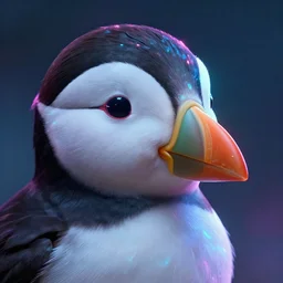 close - up dreampunk puffin, lens, electric, neon, highly detailed, intricate, coherent, luminescent, digital painting, artstation, concept art, smooth, sharp focus, illustration, art by artgerm and greg rutkowski and alphonse mucha, 8 k