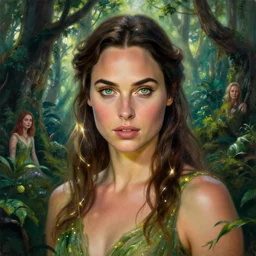 Portrait of the beautiful woman Gal Gadot as a dryad, she has those characteristic sparkling green eyes, she is looking straight to the camera, she has a glow coming from her, she is getting illuminated for rays of light, behind her is an ancient forest full of life, the photo was taking by Annie Leibovitz, Ellie Victoria Gale and Steve McCurry, matte painting, oil painting, naturalism, 4k, 8k