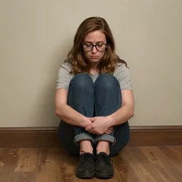 Jenna Fischer wearing glasses sitting on the floor, sad, by Edmund Blair Leighton