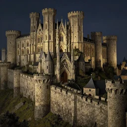 an ancient medieval cityscape with ornate stone architecture at night by rodney matthews, michael whelan and michael kaluta, extremely hyperdetailed, intricate, ramparts, buklwarks, castle