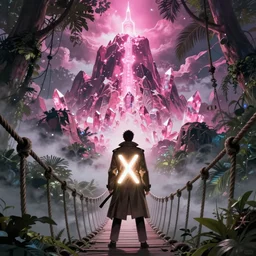 comic book art of a [ man ] in trenchcoat with ( glowing ) crossing a [ old ] [ rope ] bridge in a [ jungle ] looking up at a [ mountain ] made of crystalized pink rock, a [ glowing tower ] extends into the sky, low angle, artstation illustration, elegant, cyberpunk, volumetric fog, arcane by tim doyle