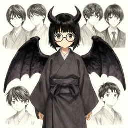 detailed 4k concept art of a cute japanese girl wearing round glasses and a long robe, with demon wings and short black hair, drawn by akihiko yoshida and tsutomu nihei and makoto shinkai and wadim kashin and john berkey and yoji shinkawa