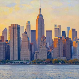 close-up mixed media photo of Art Nouveau skyline of New York City hudson bay by monet collage at golden hour sunset
