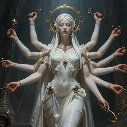 Lovely full bodied lustful 6 armed cyberpunk priestess , carved , epic , Post-processing , low angle , Greg rutkowski legendary matte painting , masterpiece