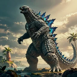 🏝🏴🤡🪓 in the style of a godzilla movie poster