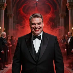 hyper realistic portrait of satanic viktor orban depicted as the antichrist in tuxedo, evil grin, red mist in hell, monastery interior, gorgeous lighting by kim jung giu weta studio, artgerm, mucha, bautista and norman rockwell and greg rutkowski and tom bagshaw and james gurney and lucasfilm