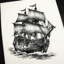 A tattoo design on paper of a pirate ship, on paper, black and white, highly detailed tattoo, realistic tattoo, realism tattoo