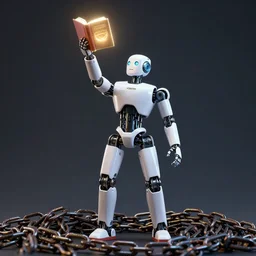 humanoid robot holding up a glowing book triumphantly while standing on a pile of chains