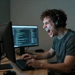 A screaming programmer in front of its computer