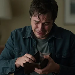 cinematic still of a man crying over an empty wallet, hd 8k
