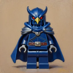 mini figure of a kenku raven knight in a flowing indigo cloak. oil on canvas by lead character artist