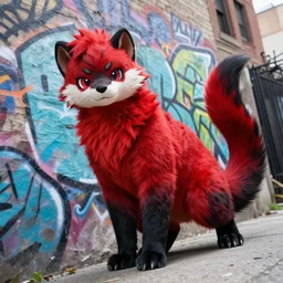 photo [ far, angled ], subject [ furry _ fandom _ fursona _ original _ character ( red - black, anthropomorphic _ humanoid _ furry, weasel - ferret - stoat ) ], medium [ graffiti ], location [ chicago ( alley ) ]