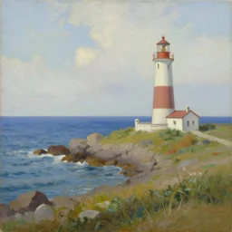 painting of a coastal landscape with a lighthouse, by Aleksander Rostov