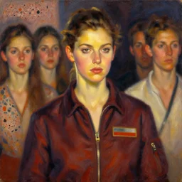 portrait in daring femininity, determined face, flight suit, warm glow, runway bathed in light, captured memory, recollection, impressionism, radiosity, terrazzo, pj crook, michael garmash, livia prima, nick alm, casey baugh, deep color, oil on canvas