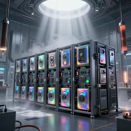 an immaculate volumetric lighting octane redshift render of a large rack of beautiful iridescent device of unknown origin in a vast modern computing center alchemist's lab with exposed circuit boards, fog, god rays, nixie tubes and tesla coils by Zdzisław Beksiński and beeple, beautiful modern colors, ultradetailed, 4k ultra