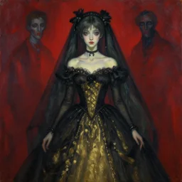 A very soft and dark haunting oil painting portait of Hatsune Miku in a black golden wedding dress, scarlet background, by Oskar Kokoschka and Joan Miro and Antonio Saura, ethereal, evil presence, haunted painting, Tachisme, realism, realistic lighting