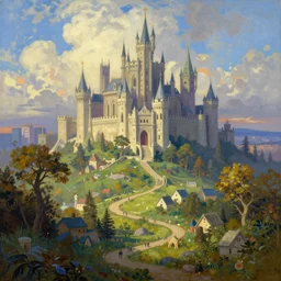 a landscape of a fantasy kingdom by Maxfield Parrish, digital art 8k