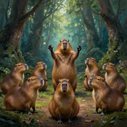 capybaras performing a magic ritual in a mystical forest, oil painting, cinematic scene, trending on Artstation, award-winning, visually stunning, studio lighting