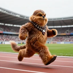 jabba the hutt ( from star wars ) running in a olympic stadium, photography, 3 5 mm, motion blur
