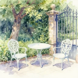 delicate, chairs, garden, paved, botanic watercolors, iridescent, 8 k, realistic shaded, fine details, artstation, italian, iron gate, tree, mediterranean, neon
