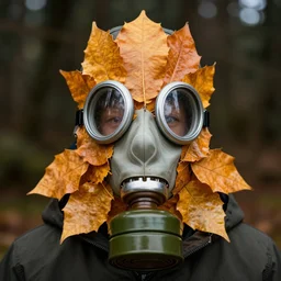 a gas mask made of orange leaves