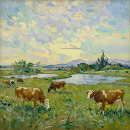 a grassy landscape with lakes and many cows, by van gogh, oil painting, realistic, ultra realistic, high detail, 8 k, clear sky during sunset,