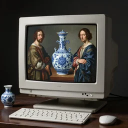still life of computer crt screen in the style of antique chinese porcelain by hieronymus bosch, baroque painting, perfect composition, detailed octane render trending on artstation, 8 k artistic photography, volumetric cinematic perfect light, chiaroscuro, masterpiece, raphael, caravaggio, beksinski, rutkowski