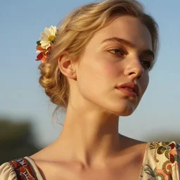 vintage photograph of an olive skinned blonde female model in her twenties, her hair pinned up with flowers, wearing a designer top, looking content, focused on her neck, photo realistic, extreme detail skin, natural beauty, no filter, slr, golden hour, 8 k, high definition, selfie
