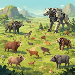 Highly Detailed digital illustration about the beauty of nature in a solarpunk world where all animals have been replaced by mechanical beasts. Trending on Artstation