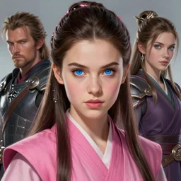 pretty blue eyed brunette girl!! pink accents, gorgeous, beautiful, jedi, fire emblem, art by artgerm and greg rutkowski and magali villeneuve, portrait, d & d, fantasy, highly detailed, digital painting, trending on artstation, concept art, sharp focus, illustration