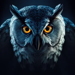 portrait of a gray owl attacking, dark night, by eraldo carugati, bright golden eyes, soft blue night lighting, symmetric, album cover art, highly detailed, digital painting, artstation, sharp focus, cinematic lighting, illustration, art by artgerm and greg rutkowski, alphonse mucha, cgsociety