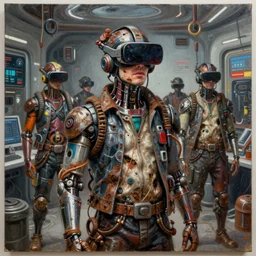 junky men in hi - tech suite, cybertronic gadgets and vr helmet, durty colours, rotten textures, rusty shapes, biotechnology, norman rockwell, tim hildebrandt, mark maggiori, jeff dekal, long shot, hyperrealistic oil painting on canvas, deep depth field, cinematic composition, hyper - detailed, hdr, 8 k, 4 k