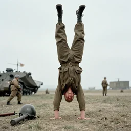 historical ww 2 photograph of'pauly shore '!!! doing a handstand on d - day invasion of normandy