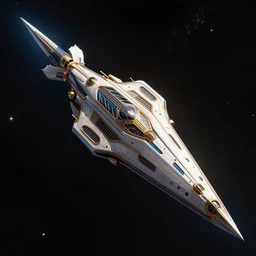 retro art deco space large ship in the shape of an spear traveling thourgh the deep space by artgerm and chris foss, ultra high quality, photo realistic, trending on artstation, octane render