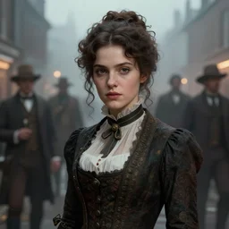 portrait of a young person named mary dressed as a 1 8 8 0 s lady, nicoletta ceccoli, mark ryden, lostfish, hyung tae, frank frazetta, depth of field, detailed and intricate foggy london evening environment, 8 k resolution, hyperrealistic, octane render