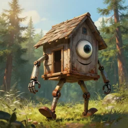 a walking mech wood house with two mechanical legs and one big eye smiling, rust, hyperrealistic, highly detailed, cinematic, single ray of sun, morning, pareidolia, dynamic composition, gravity falls style, ghibli style, beautiful, pine trees in the background, cgssociety, artstation, 8 k, oil painting, digital art