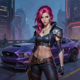 realist portrait of vi from leage of legends in a cyberpunk city next to a mustang. by Daniel F. Gerhartz, hyperrealistic oil painting, 4k, studio lightning