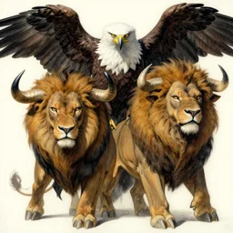 a mighty strong creature with the body and eyes of a man, with the ( beak of an eagle ), the mane of a lion, and the horns of an ox. drawn by boris valejo