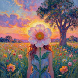 girl with giant flower as a face, flower field, big trees, sunrise dramatic light, impressionist painting, colorful clouds, digital painting, pointillism, artstation, simon stalenhag