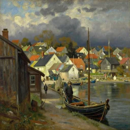 scientific oil painting of fishing village by anders zorn, wonderful art by greg rutkowski, incredible lighting, shadows, beautiful cinematic light