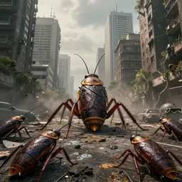 realistic apocalyptic city infested by giant cockroaches