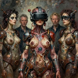 junky women, cybertronic gadgets and vr helmet, flesh + technology, durty colours, mid shot, rotten textures, rusty shapes, biotechnology, norman rockwell, tim hildebrandt, dariusz zawadzki, bruce pennington, larry elmore, oil on canvas, deep depth field, masterpiece, cinematic composition, hyper - detailed, hd, hdr