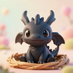 a portrait of a cute happy tiny black chibi dragon in a nest, black eyes, octane render, depth of field, beautiful lighting, pastel colors