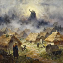 paint brush strokes, abstract watercolor painting of rustic village, thor arrival to ragnarok, mysterious mythology, medieval straw roof, midgard, viking age, fog, ambient lighting, art by hans dahl, by jesper ejsing, art by anders zorn, wonderful masterpiece by greg rutkowski, cinematic light, american romanticism by greg manchess, creation by tyler edlin