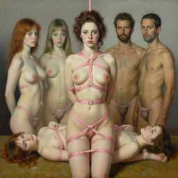 pop surrealism, lowbrow art, realistic seductive cute woman painting, pink body harness, japanese shibari, hyper realism, muted colours, rococo, natalie shau, loreta lux, tom bagshaw, mark ryden, trevor brown style,
