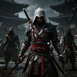 Ingame Screenshot of Assassins' Creed : the great war, for ps5, Dark, Highly Detailed, Feudal era Japan, Shinobi, Ninja, Tokyo, Ghost of Tsushima and Sekiro as references, Wielding Kunai, Unreal engine 5, HD, Ultra Graphic settings, 8k, GTX 3090, 🔥 😎 🕹️ 👀 :2 ,Ninja, Stealth, Shinobi, Smoke :4