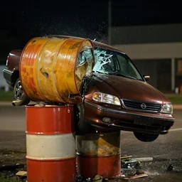 Action shot of a single 1993 brown nissan maxima crashing into two construction drums stacked on top of each other, the windshield is being smashed by the top construction drum, moment frozen in time, photo realistic, night, photo realistic, depth of field, award winning, cinematic, color graded